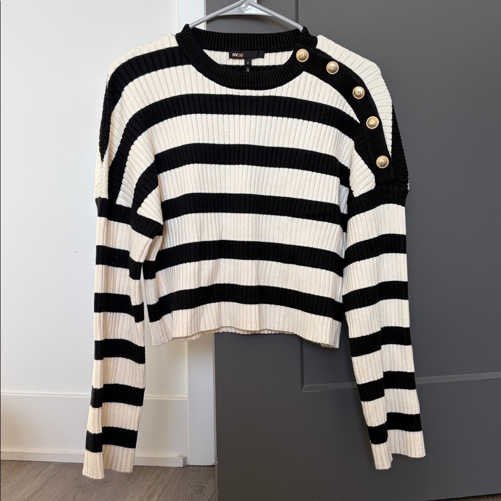 Maje Black and Cream Striped Knit with gold buttons in size 2 (M)